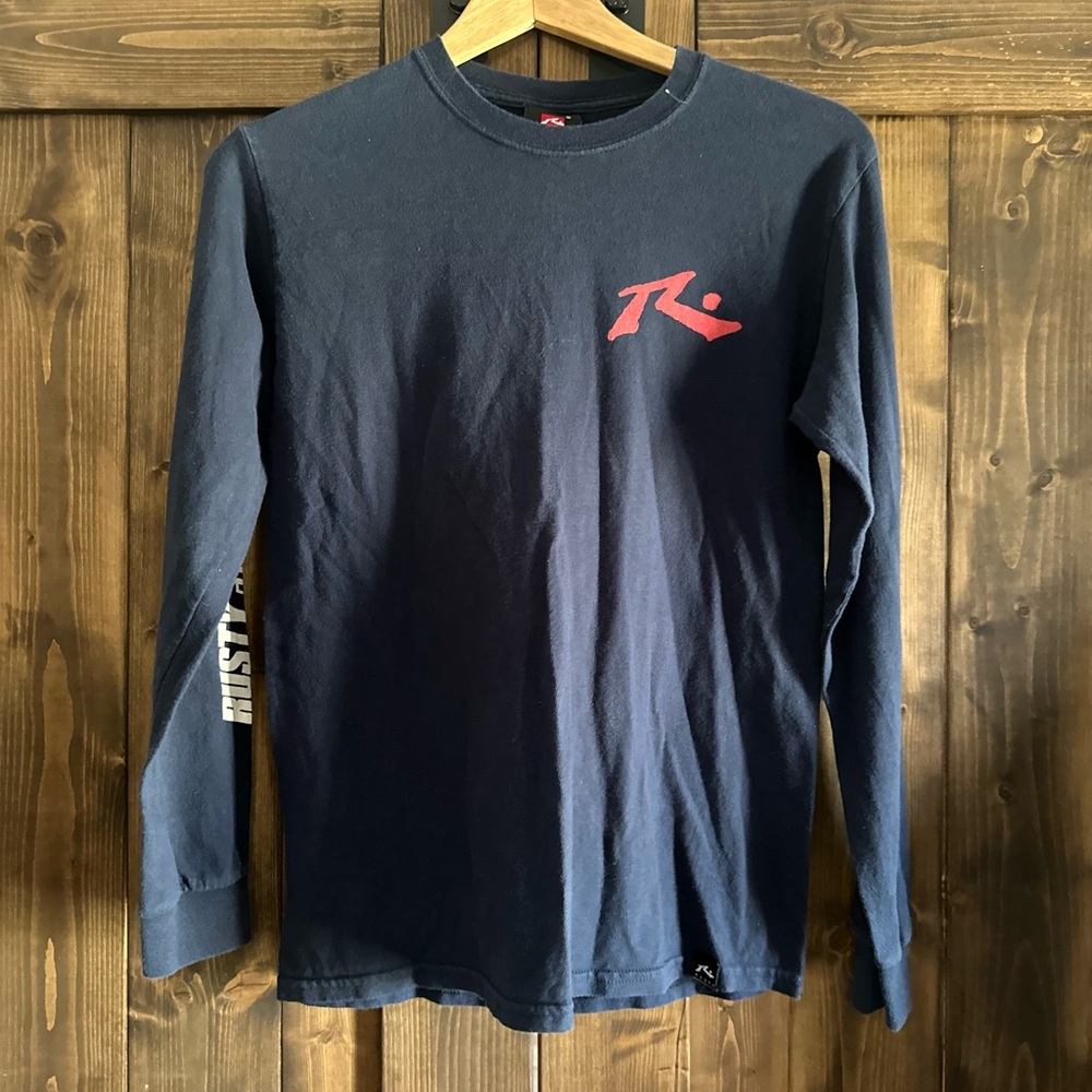 Rusty Dark Blue Long Sleeve Tee with Red Logo